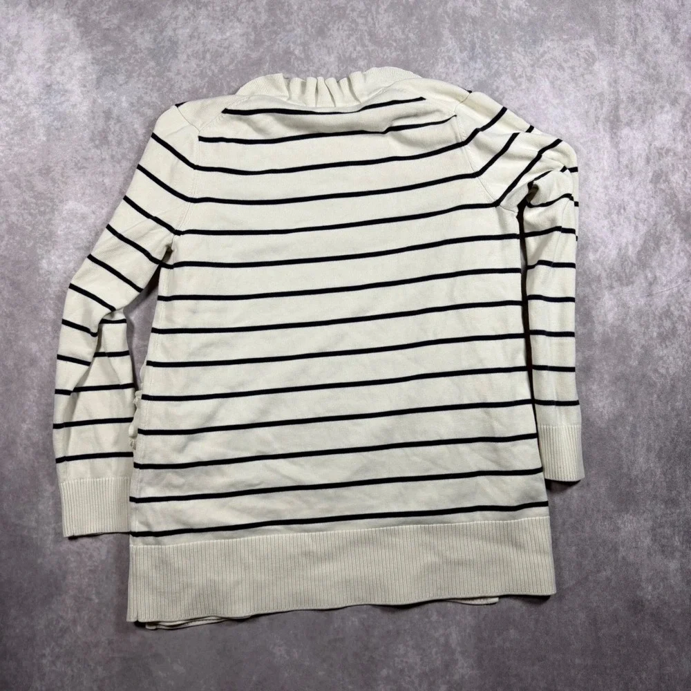 Talbots Cardigan Sweater Women M Ivory Navy Striped Ruffle Open Front Balletcore